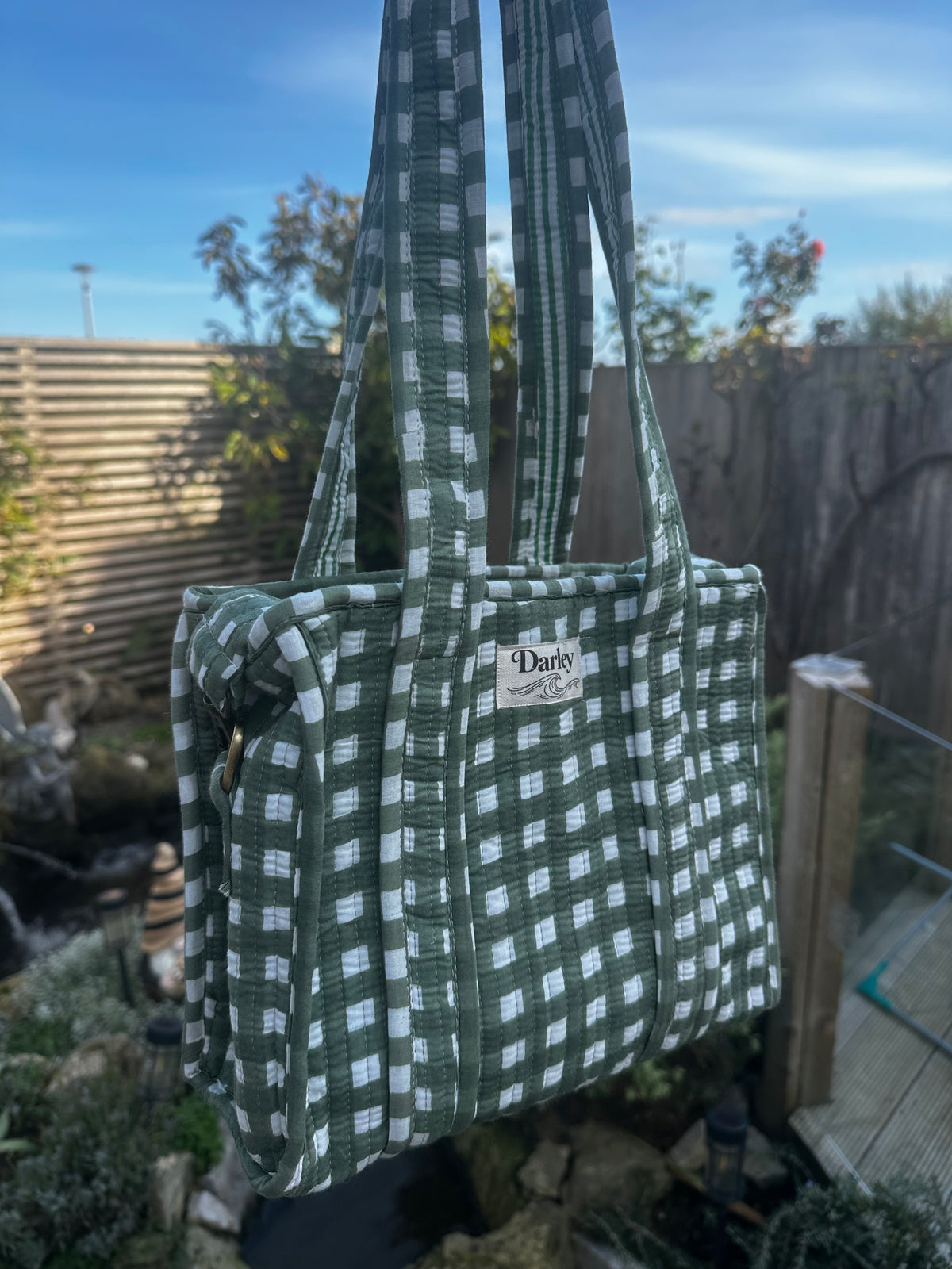 Green Gingham Mini Zipped Tote Bag