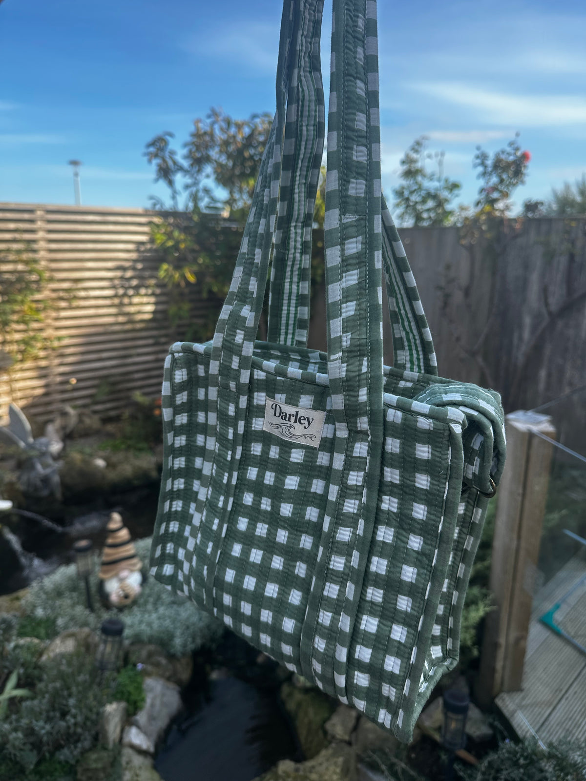 Green Gingham Mini Zipped Tote Bag