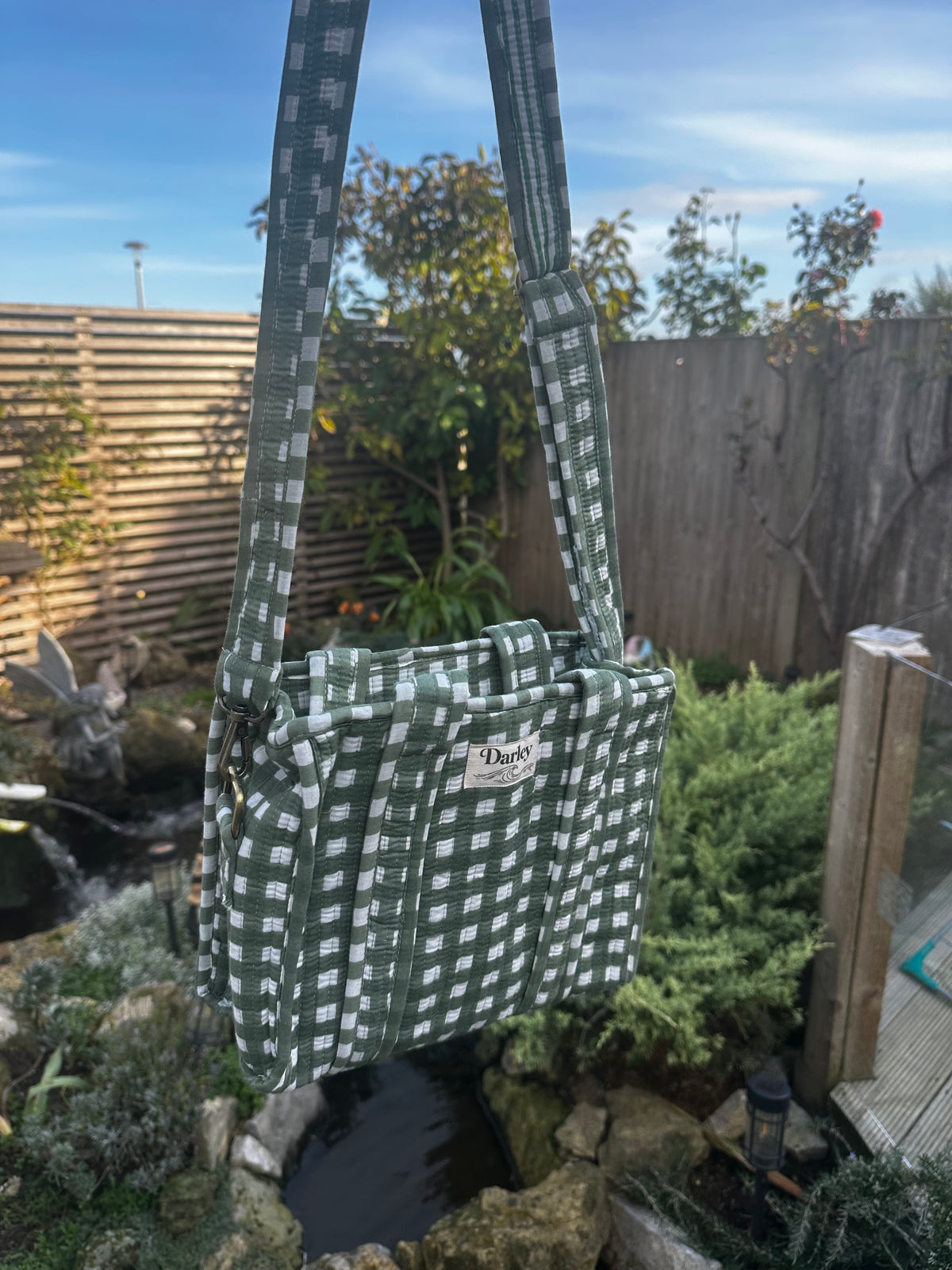 Green Gingham Mini Zipped Tote Bag