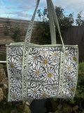Large Green with White Daisies Zipped Tote Bag